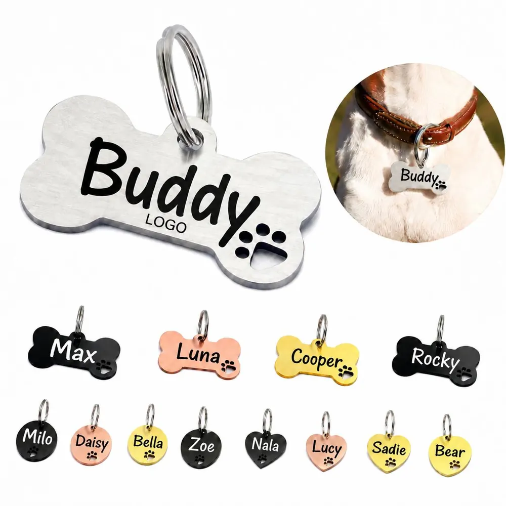 Stainless Steel Pet ID Tag with Engraving Ring for Dogs Cats