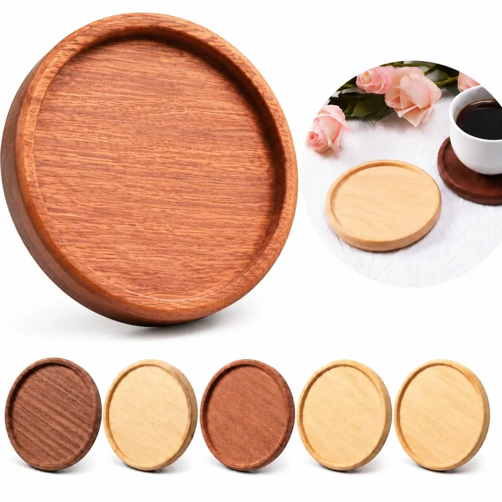 Natural Wood Spill Proof Coasters Set with Serving Tray 2