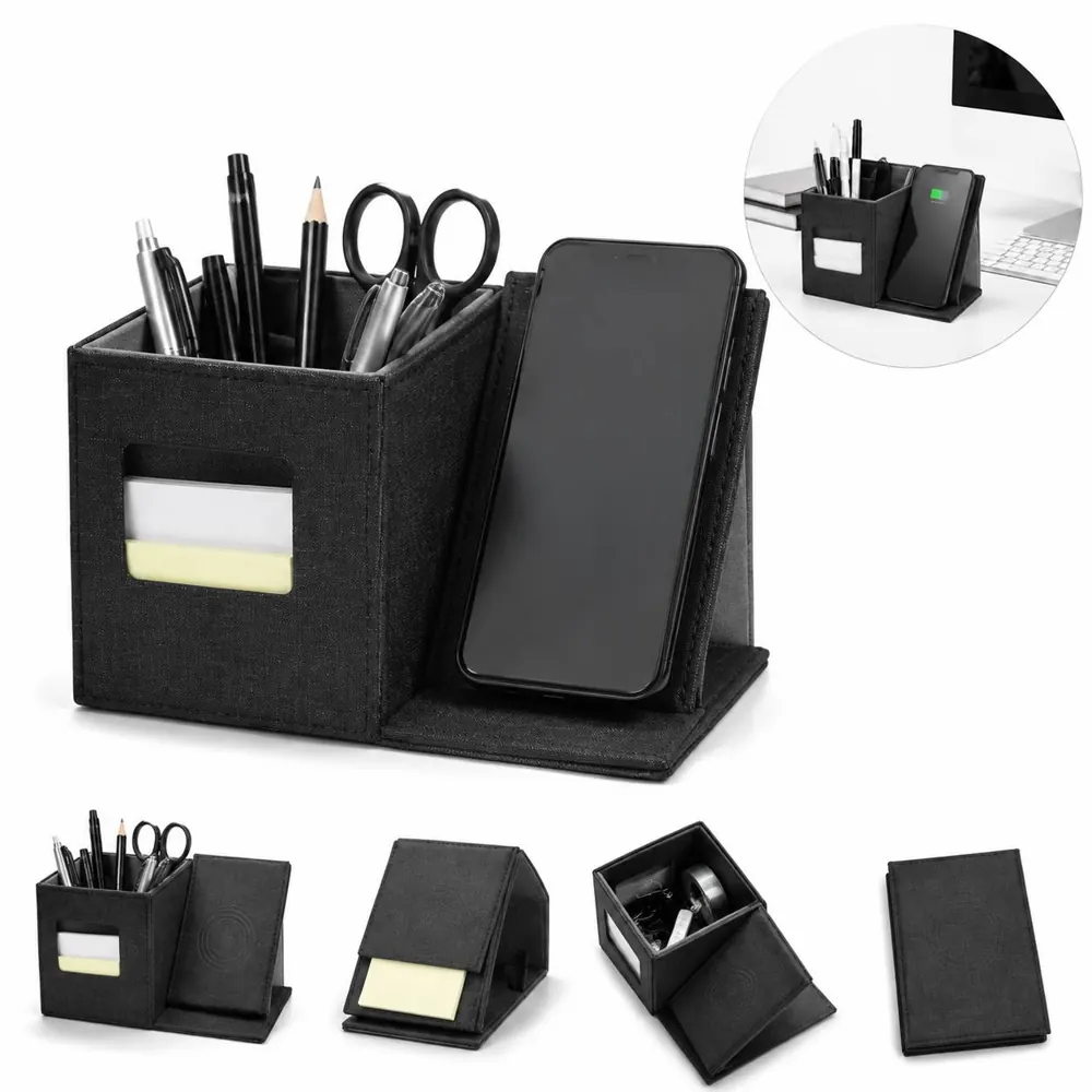 Wireless Charger Pen Holder with PU Leather and LED Logo 2