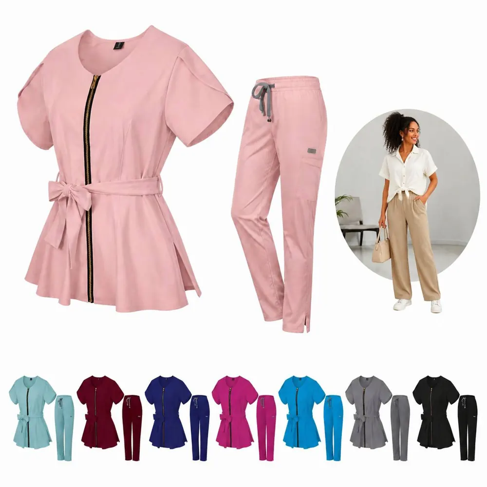 Women's V-Neck Scrub Set with Drawstring Pants 2