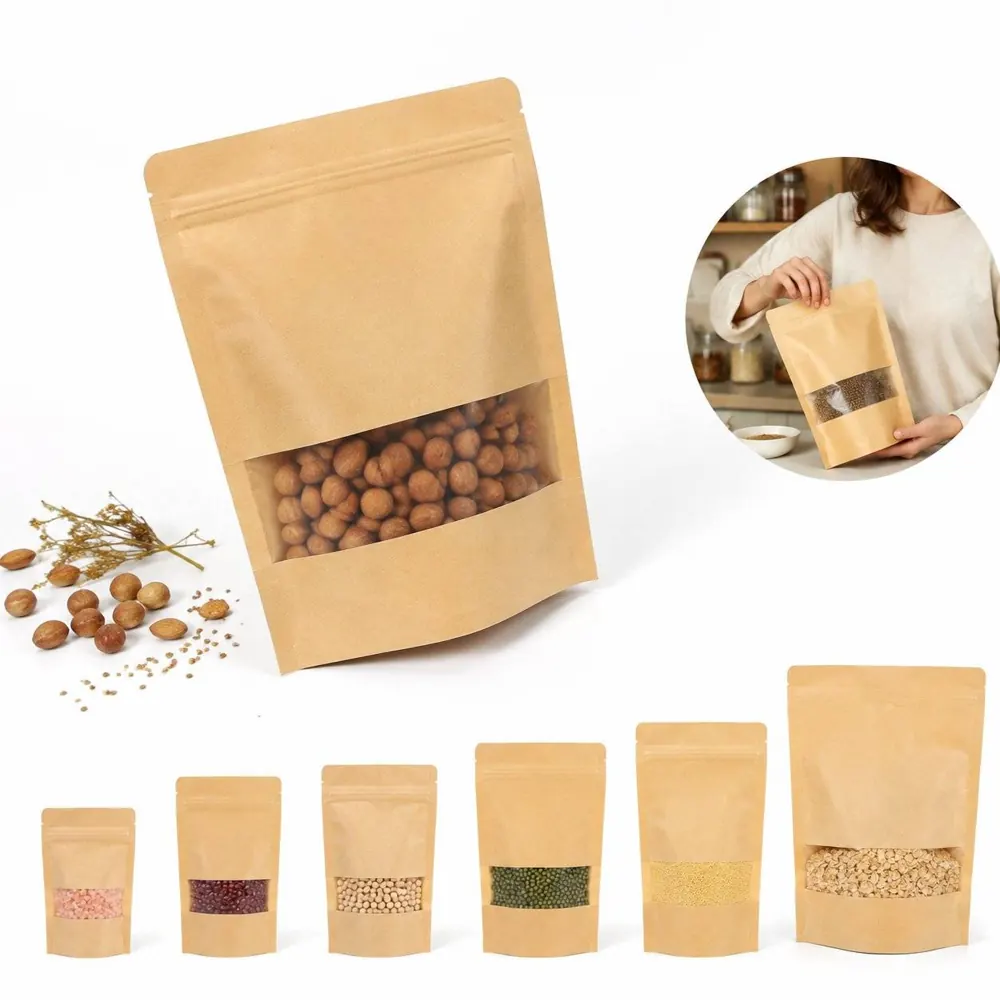 Resealable Kraft Stand Up Pouches with Window for Dry Food 2