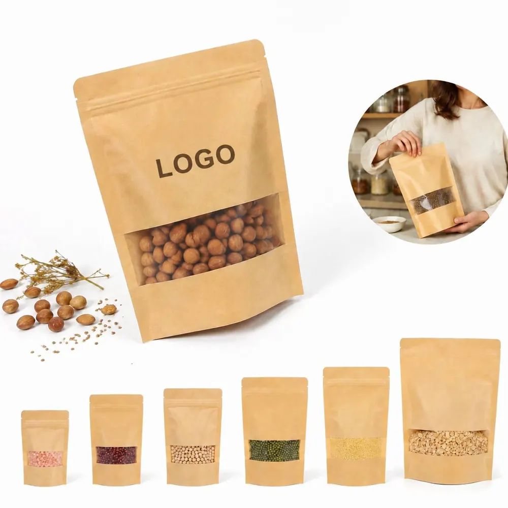 Resealable Kraft Stand Up Pouches with Window for Dry Food