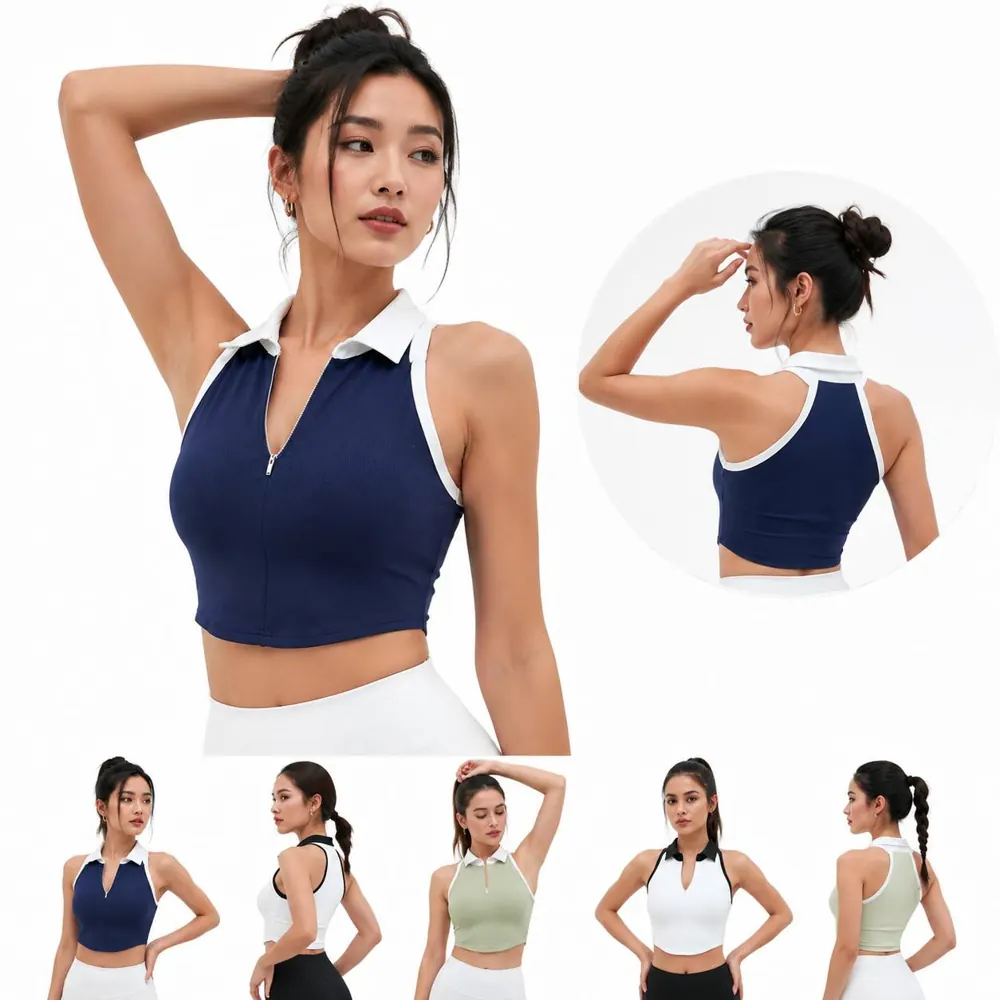 Color-Block Zip-Up Yoga Top with Built-In Chest Pad 2