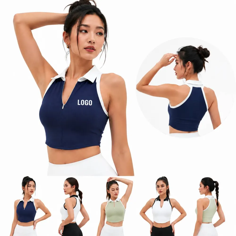 Color-Block Zip-Up Yoga Top with Built-In Chest Pad
