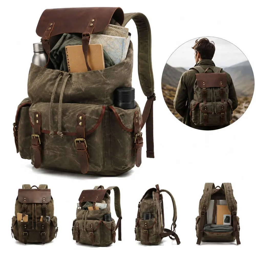 Men's Waxed Canvas Leather Travel Backpack with Laptop 2