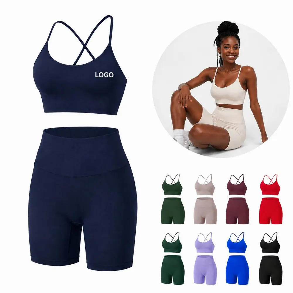 Women's Cross Back Ribbed Yoga Bra & High Waist Shorts Set