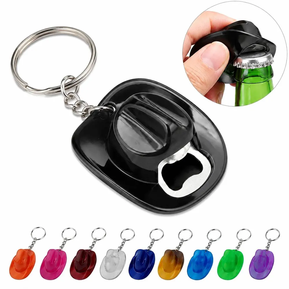 Cowboy Hat Bottle Opener Keychain with Metal Brim Design 2