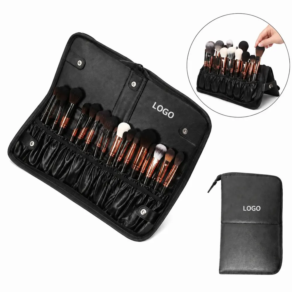 Leather Foldable Makeup Brush Case with Elastic Slots