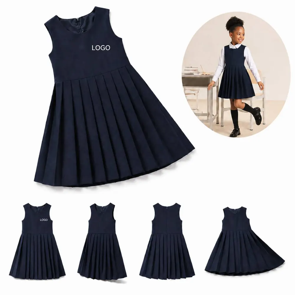 Girls Pleated Jumper Dress Sleeveless School Uniform Skirt