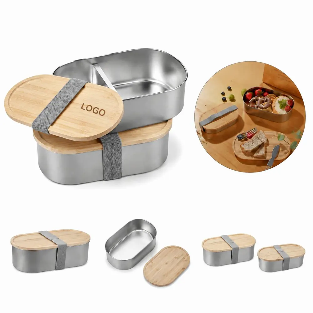 304 Stainless Steel Bento Box with Bamboo Lid, Eco-Friendly