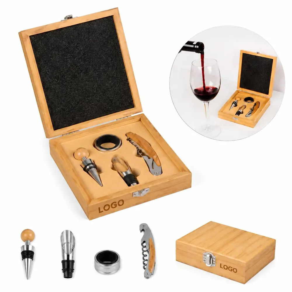 Bamboo Wine Opener Set with Stopper and Corkscrew Kit