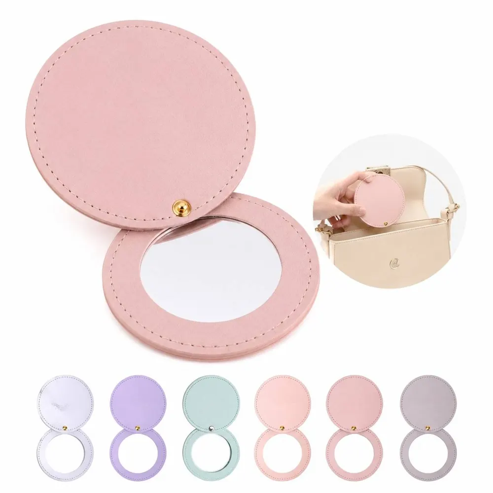 Mini Rotating PU Leather Makeup Mirror, Portable Round 2