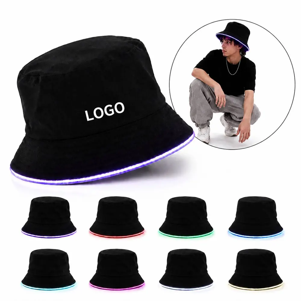 LED Glow Bucket Hat with Neon Brim for Night Festivals