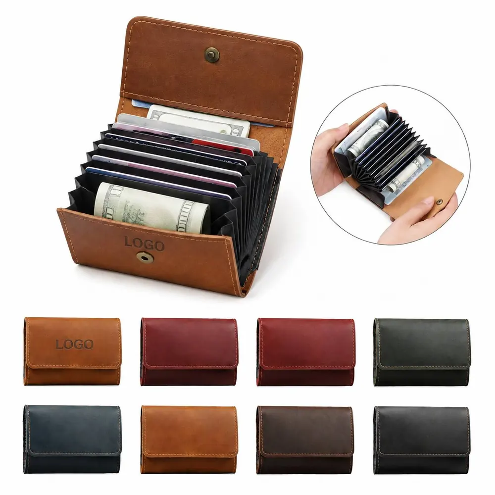Genuine Crazy Horse Leather Accordion Card Holder Wallet