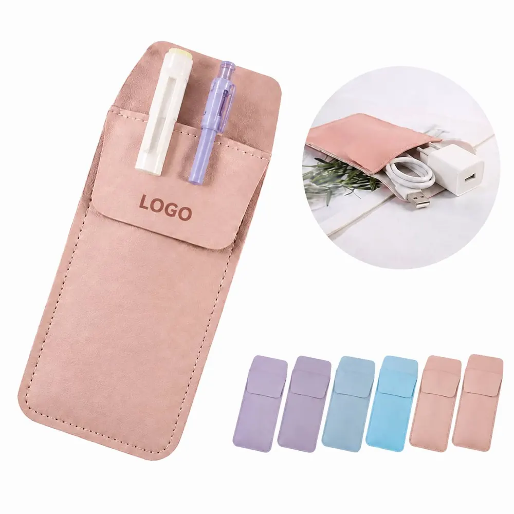 PU Leather 2-Pocket Pencil Pouch with Zipper Organizer