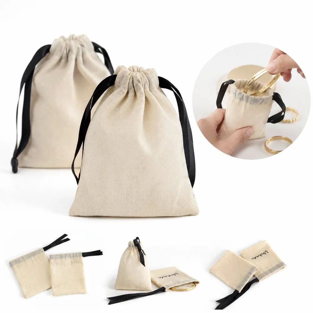 Beige Cotton Drawstring Gift Bags Reusable Eco-Friendly 2