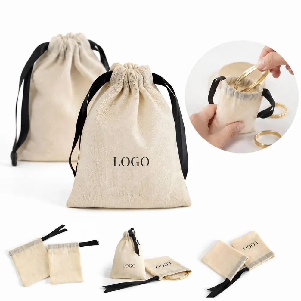Beige Cotton Drawstring Gift Bags Reusable Eco-Friendly