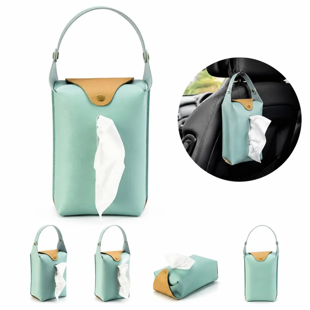 PU Leather Hanging Car Tissue Holder with Strap 2