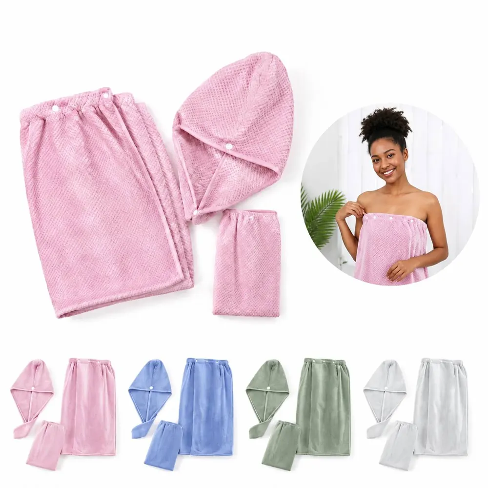 Women's Coral Fleece Bath Wrap & Hair Turban Set, Soft 2
