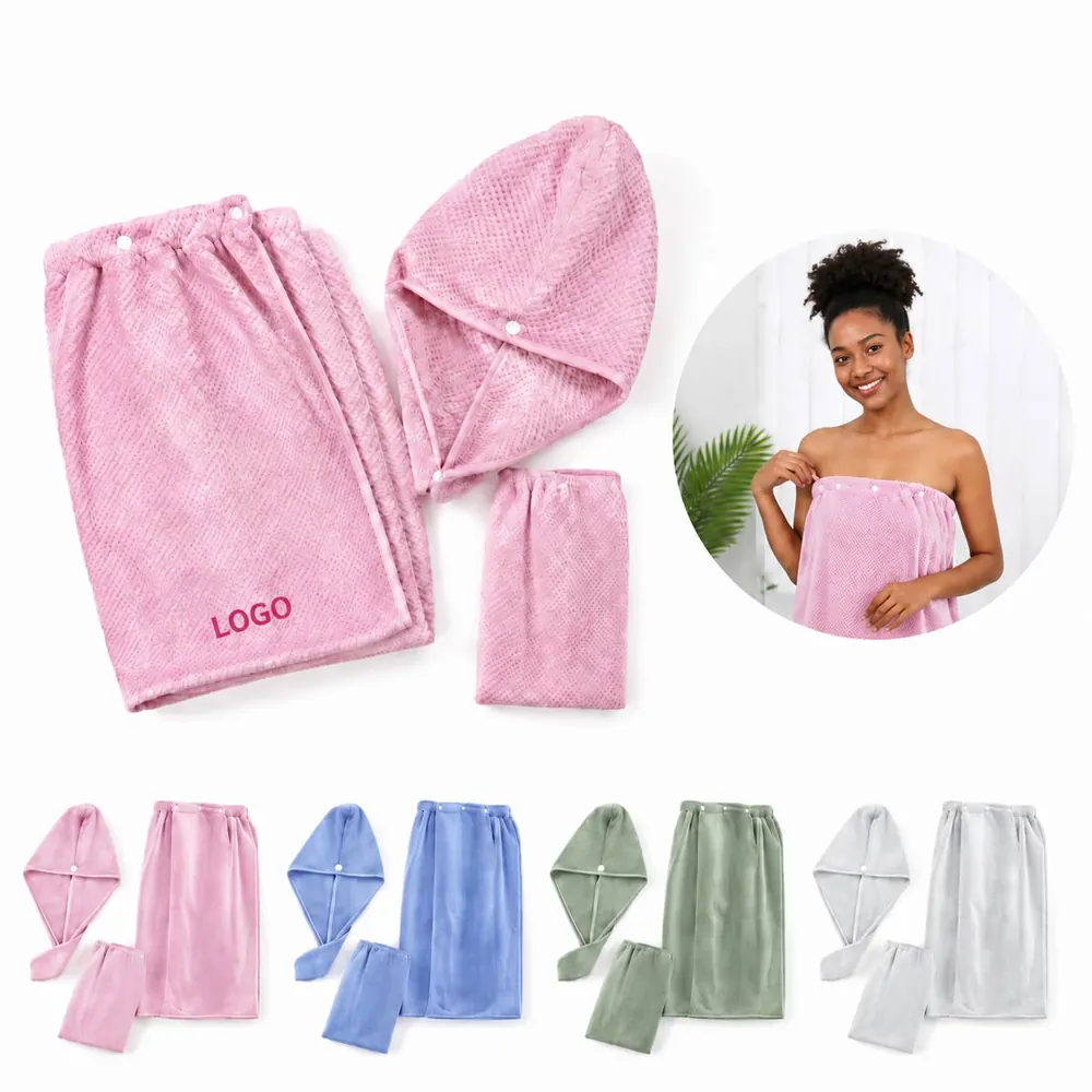 Women's Coral Fleece Bath Wrap & Hair Turban Set, Soft