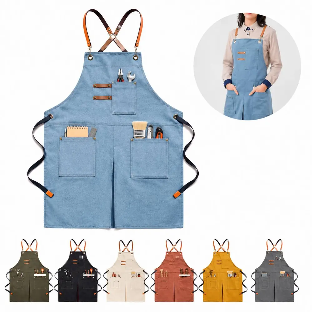 Heavy Duty Cotton Canvas Cross Back Chef Apron with Large 2