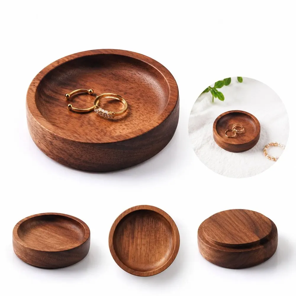 Natural Solid Wood Round Jewelry Display Tray with Raised 2