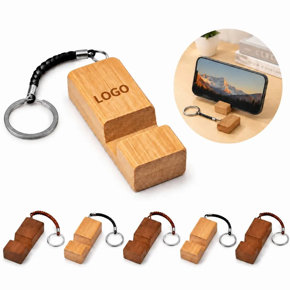 Eco Wood Phone Stand Keychain with Groove for Hands-Free