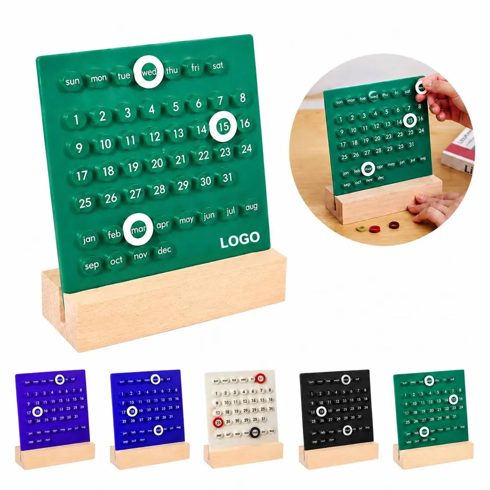 Acrylic Desk Calendar with Wooden Base, Perpetual Monthly