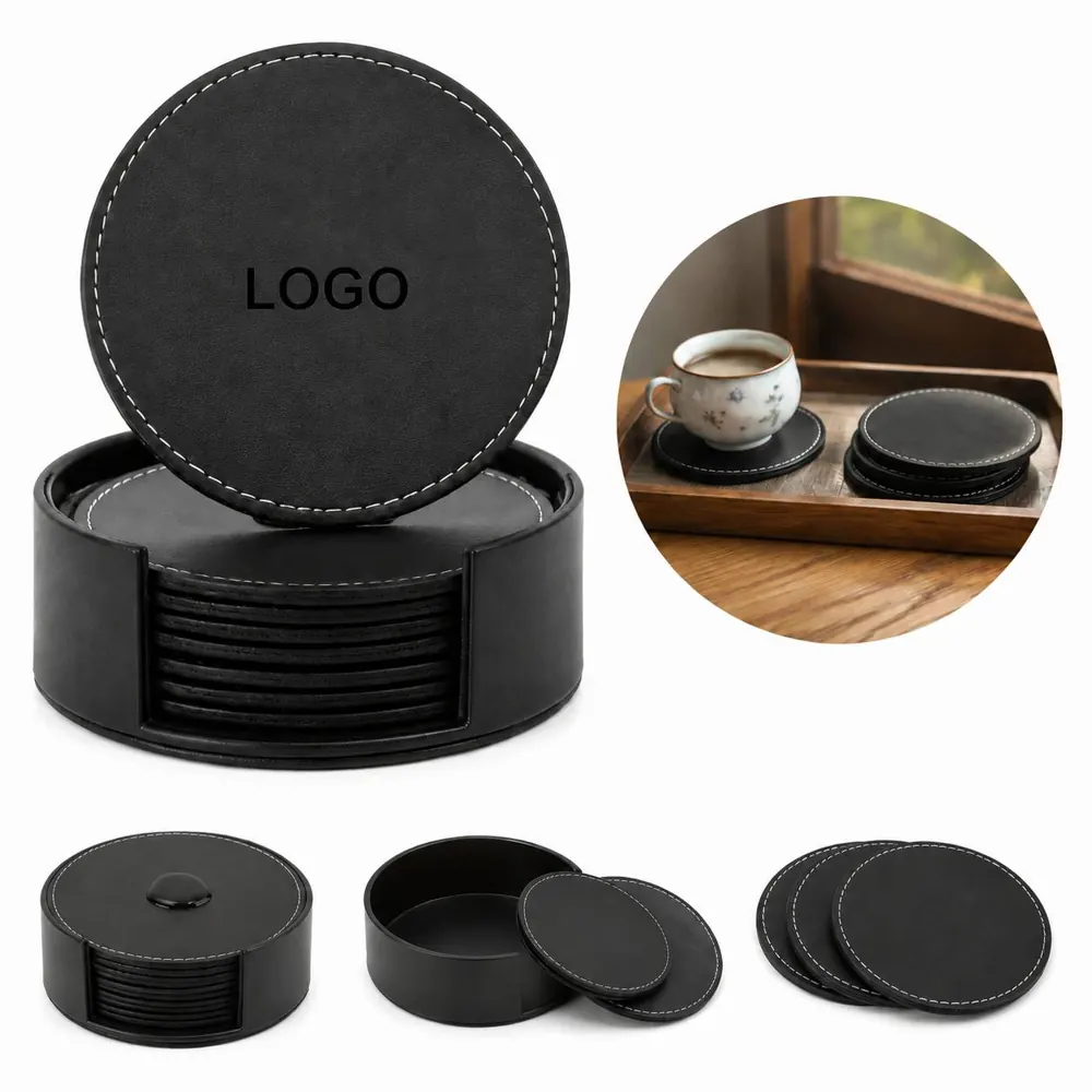 PU Leather Coaster Set of 6, Absorbent Round Drink