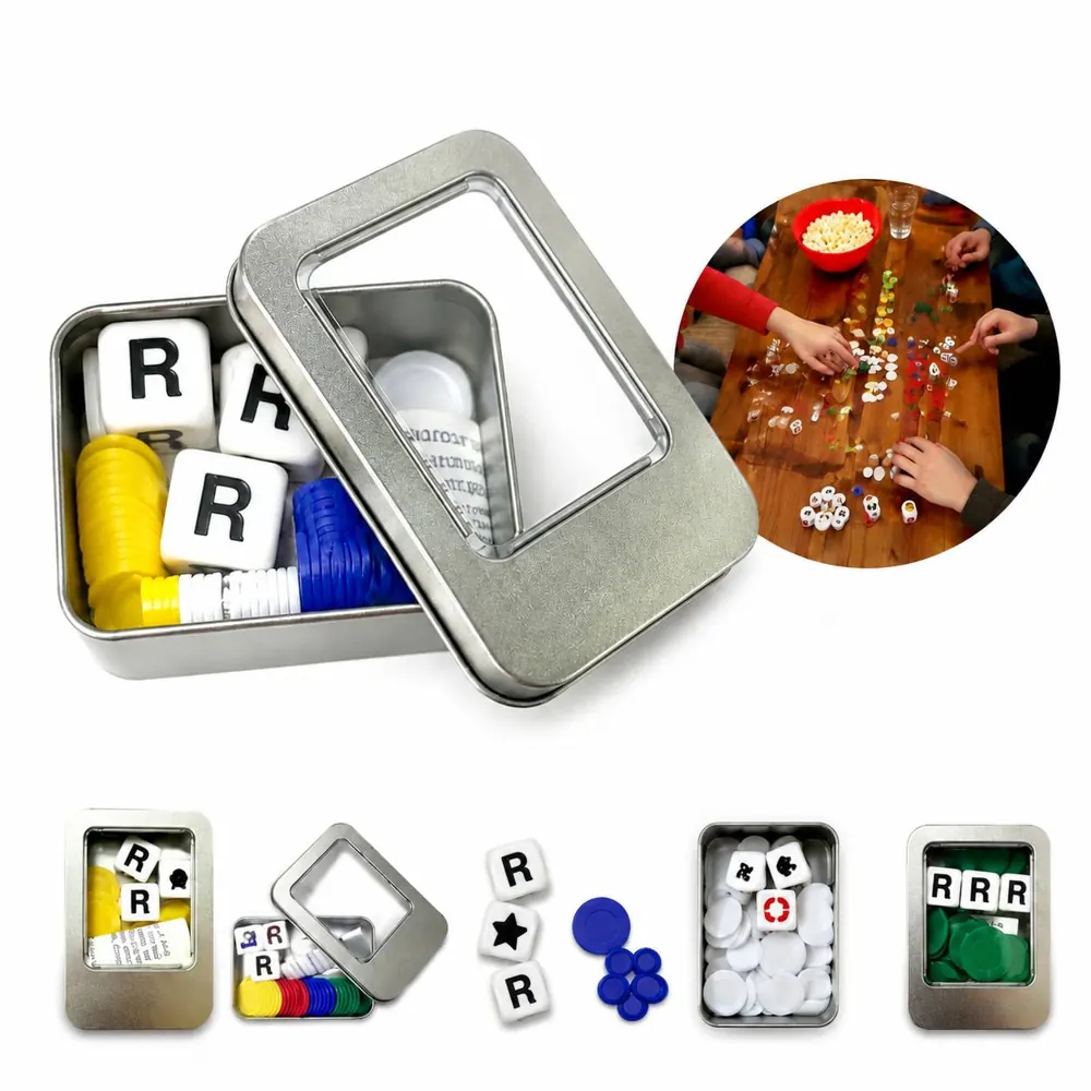 Metal LCR Dice Game Set with 3 Dice and Chips in Storage Box 2