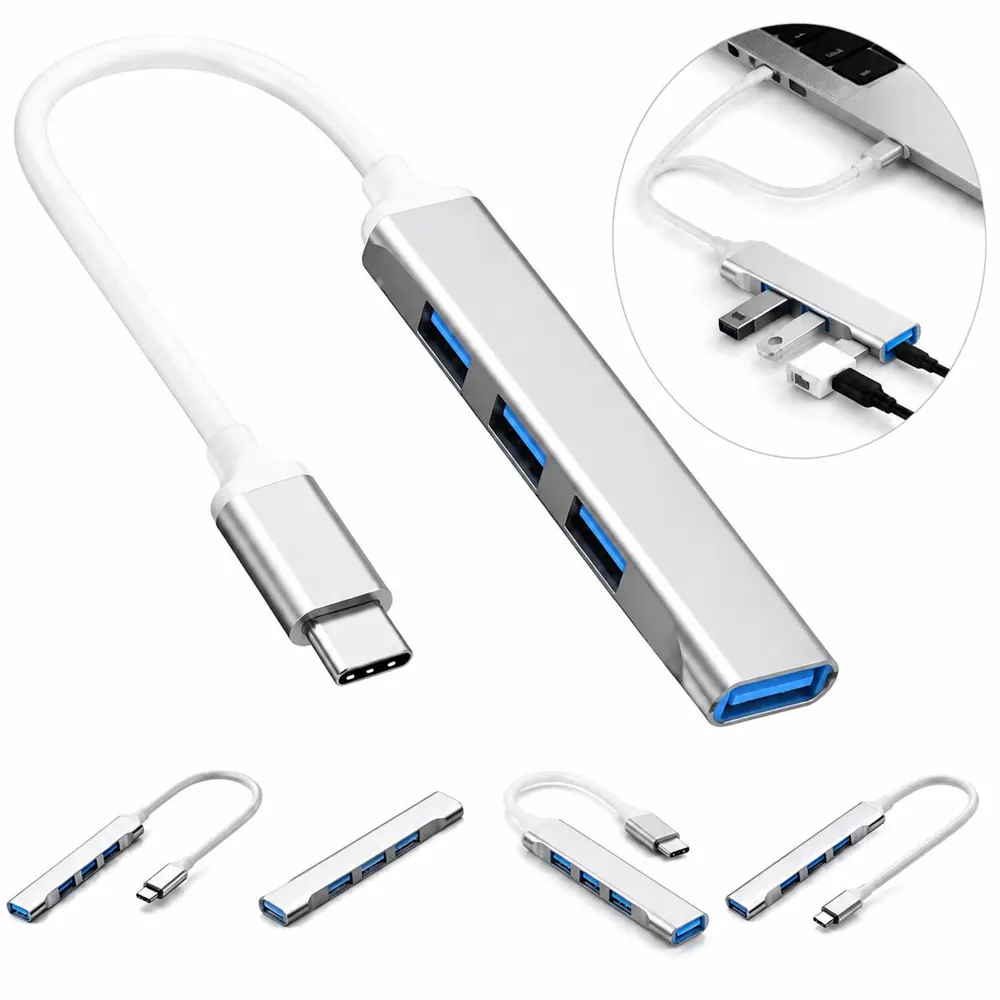 Aluminum 4-Port USB/Type-C Hub Adapter, High-Speed Data 2