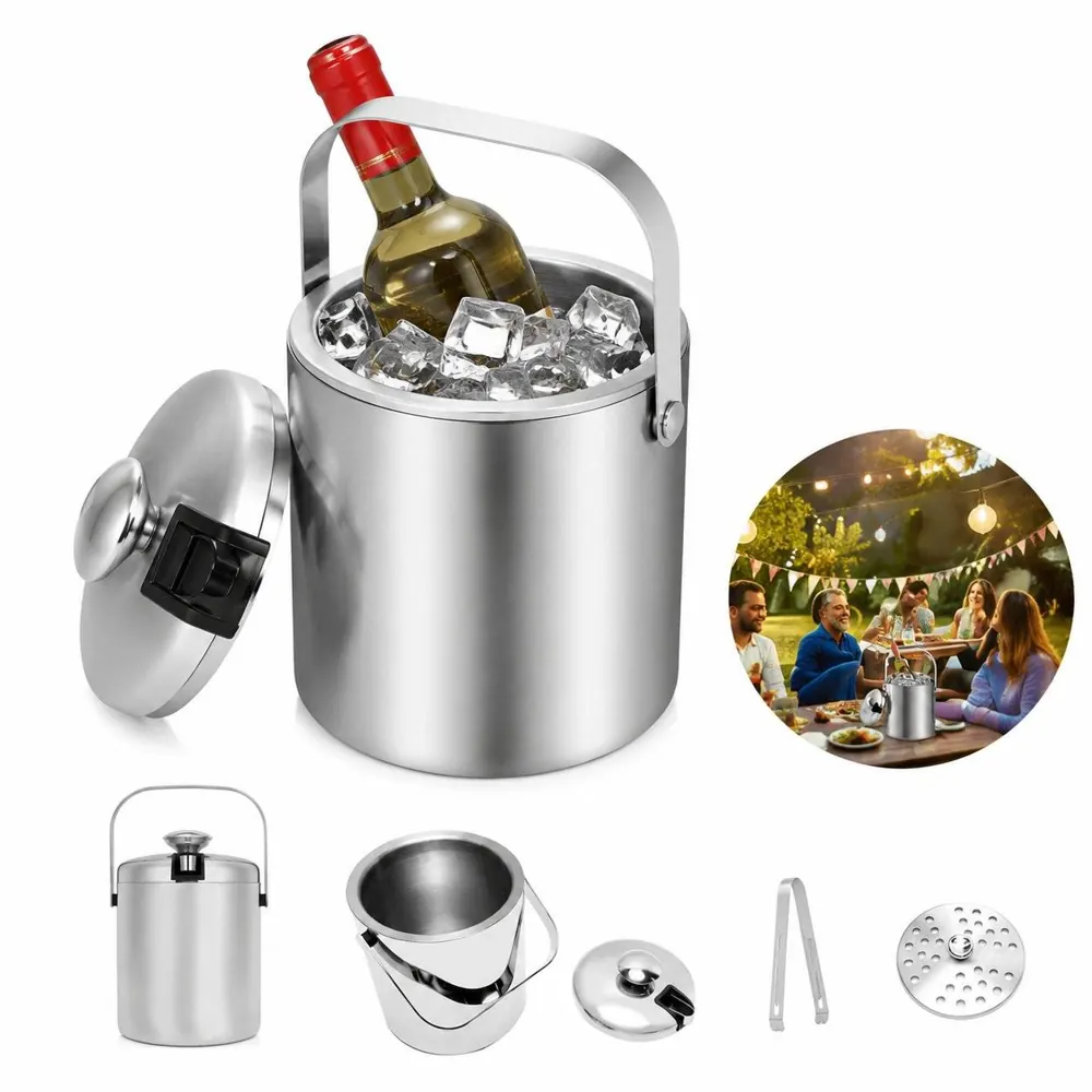 Stainless Steel Ice Bucket with Lid, Tongs & Strainer, 3L 2