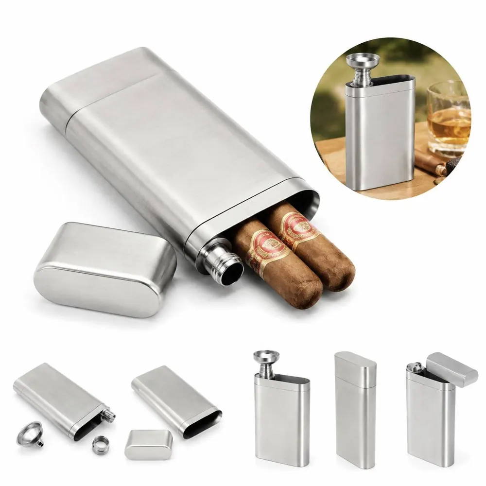 Stainless Steel Cigar Flask with Funnel, Portable Hip Flask 2