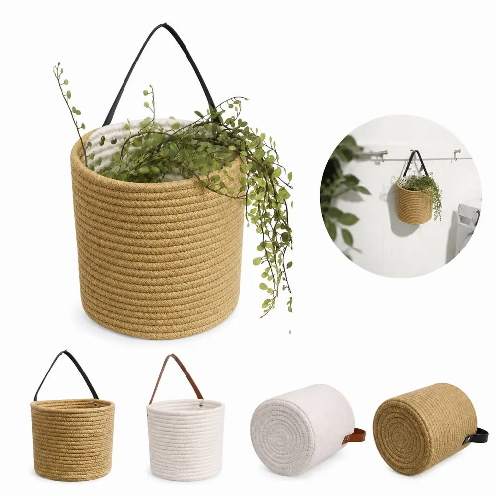 Hanging Woven Cotton Storage Basket with Rope Loop 2