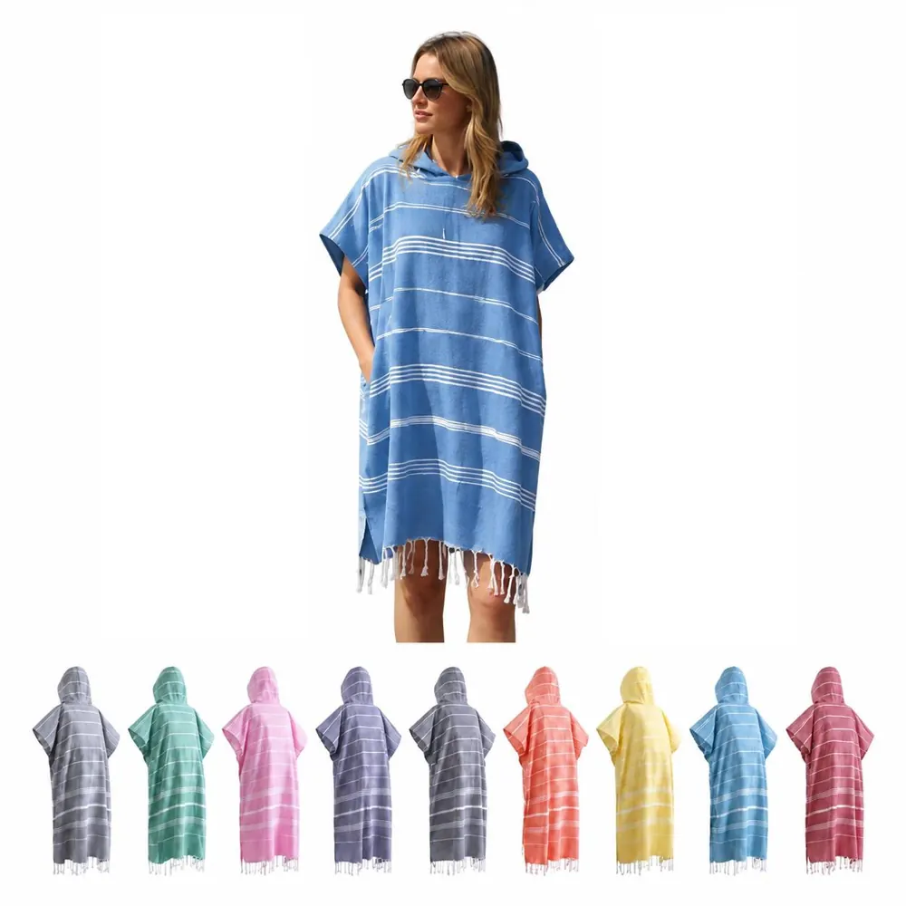 Unisex Hooded Striped Bathrobe with Pockets 2