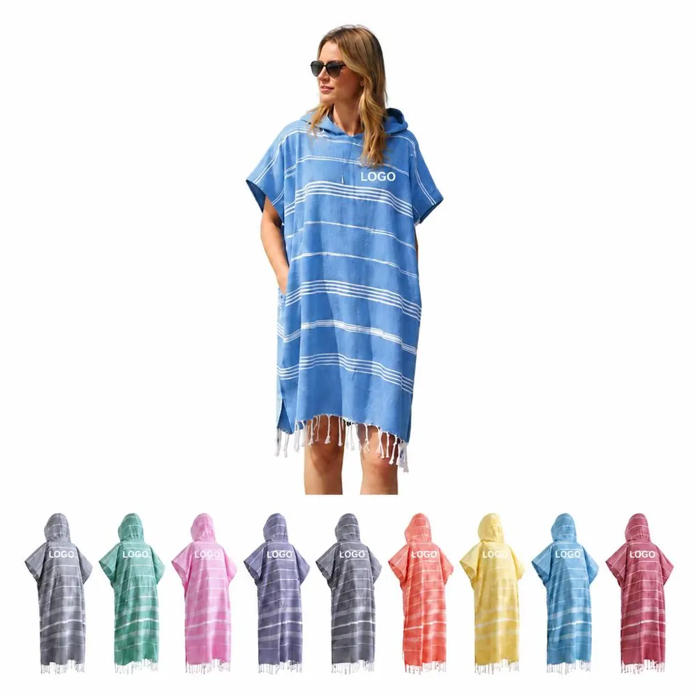 Unisex Hooded Striped Bathrobe with Pockets