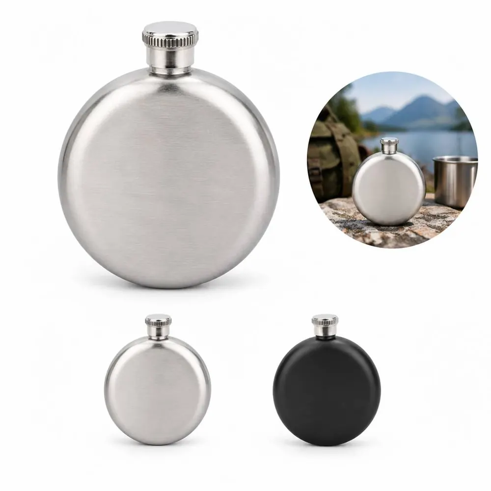 Round Stainless Steel Beverage Flask with Screw-On Lid 2