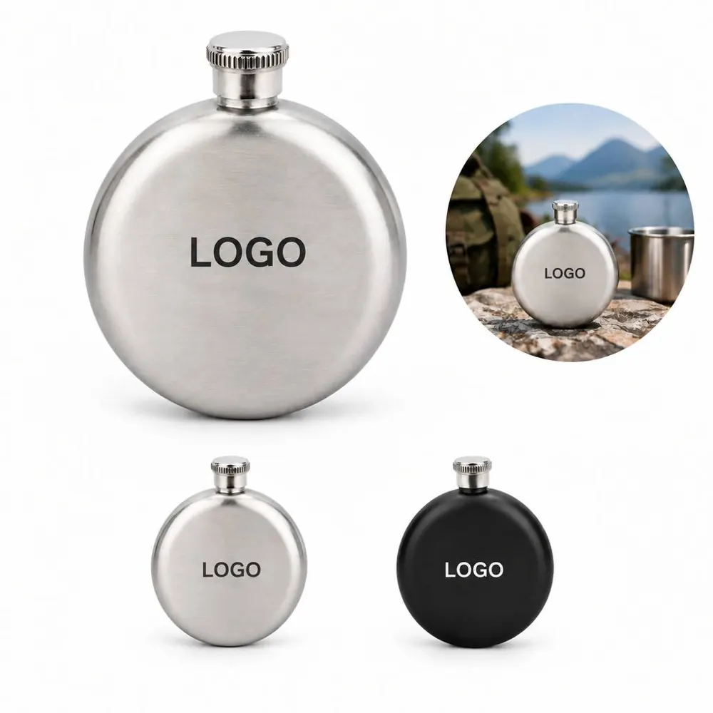 Round Stainless Steel Beverage Flask with Screw-On Lid