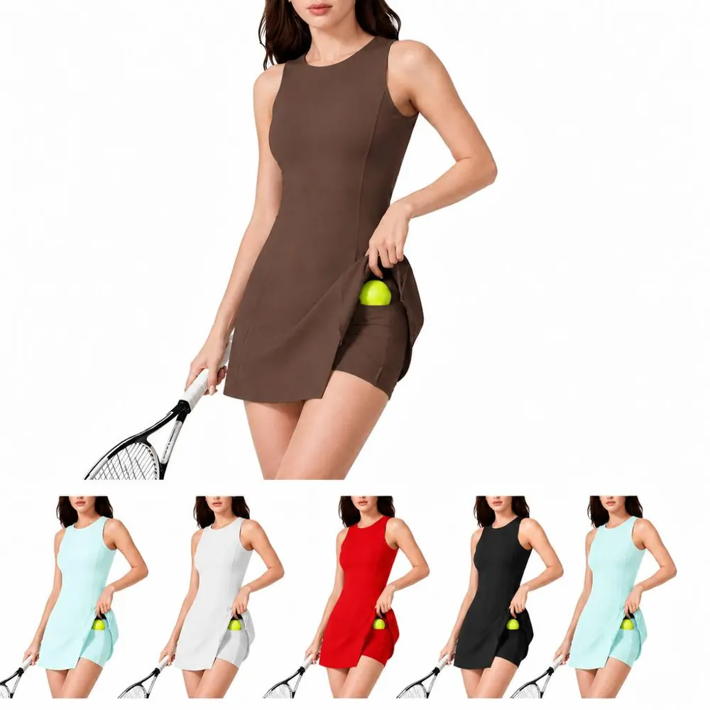 Crew Neck Sleeveless Tennis Dress with Built-in Shorts for 2