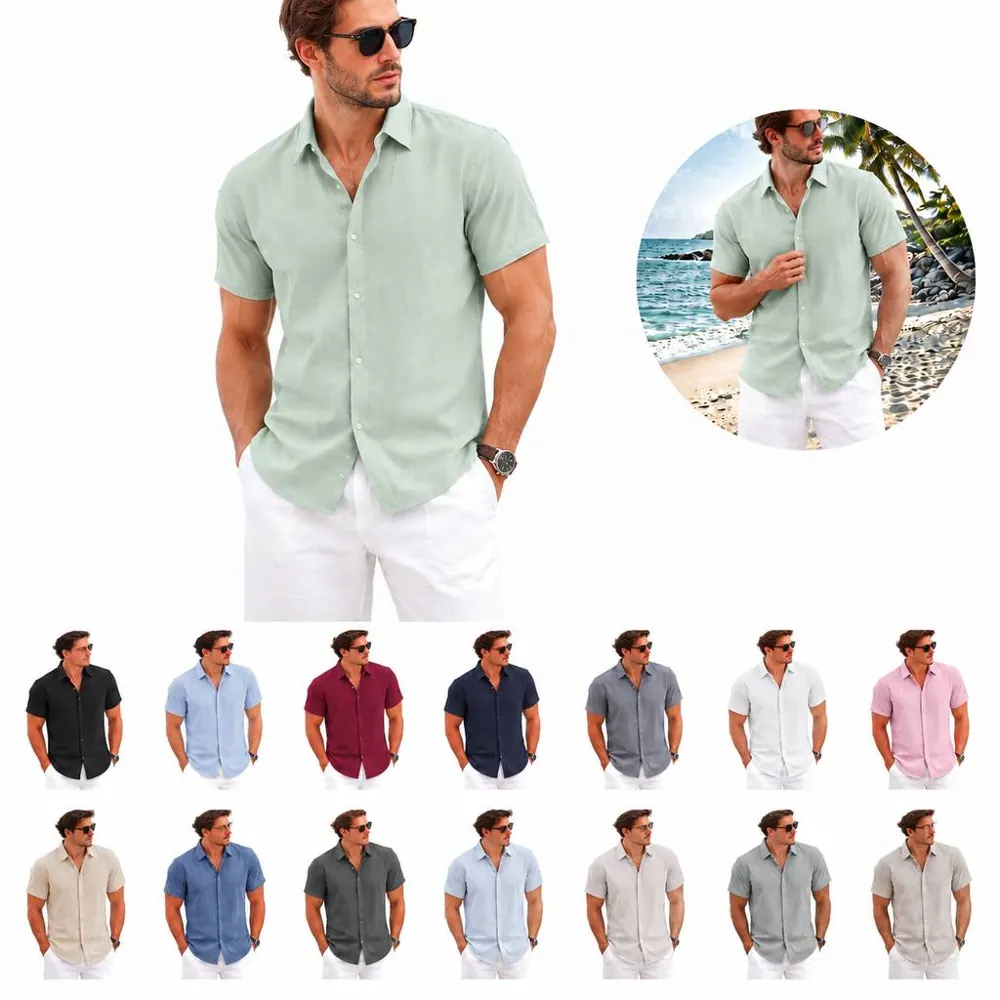 Men's Short Sleeve Linen Blend Button-Down Shirt 2