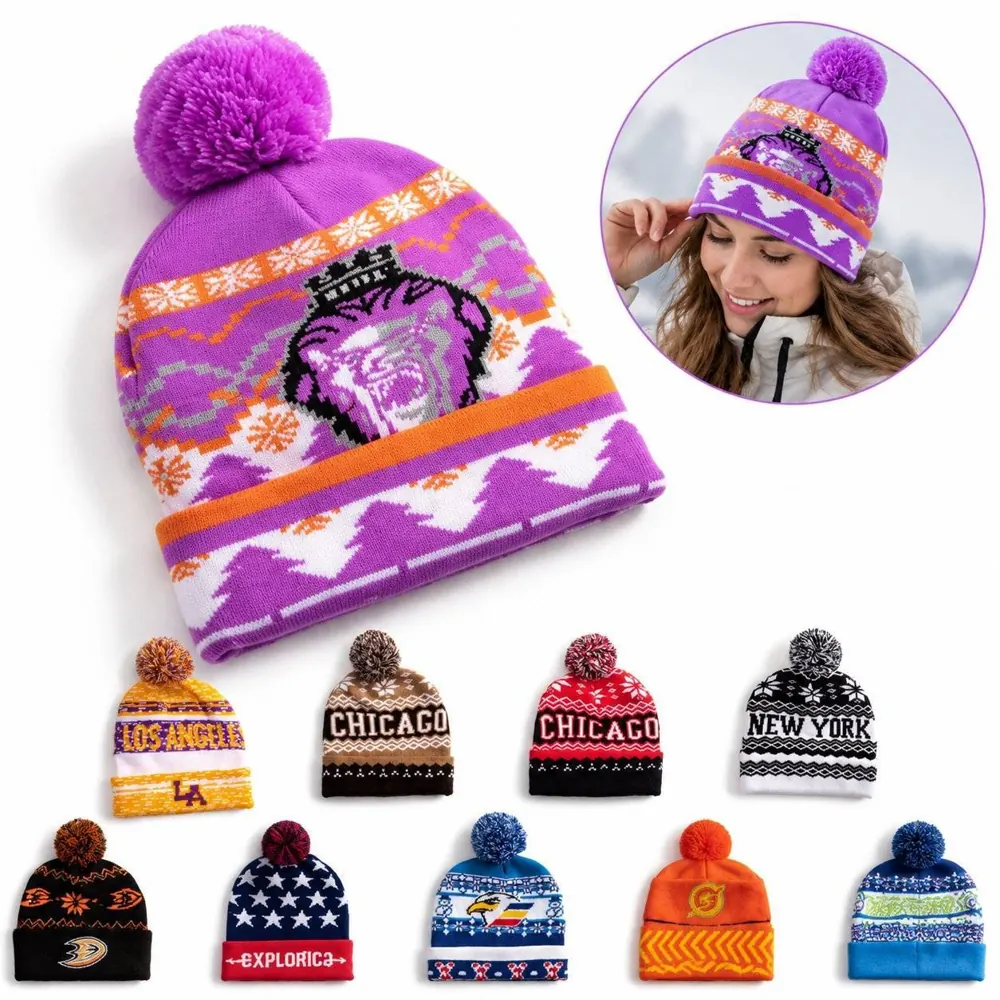 Two-Tone Knit Beanie with Pom-Pom and Folded Cuff 2
