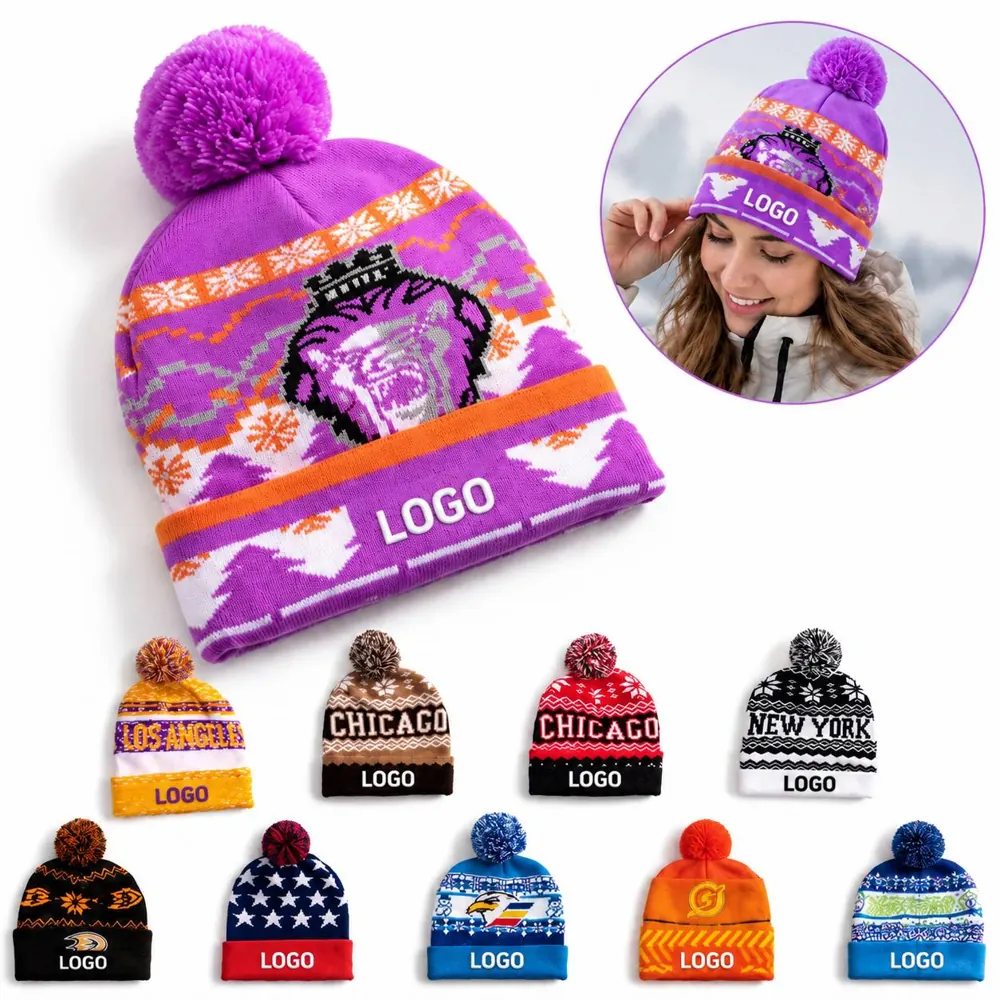 Two-Tone Knit Beanie with Pom-Pom and Folded Cuff