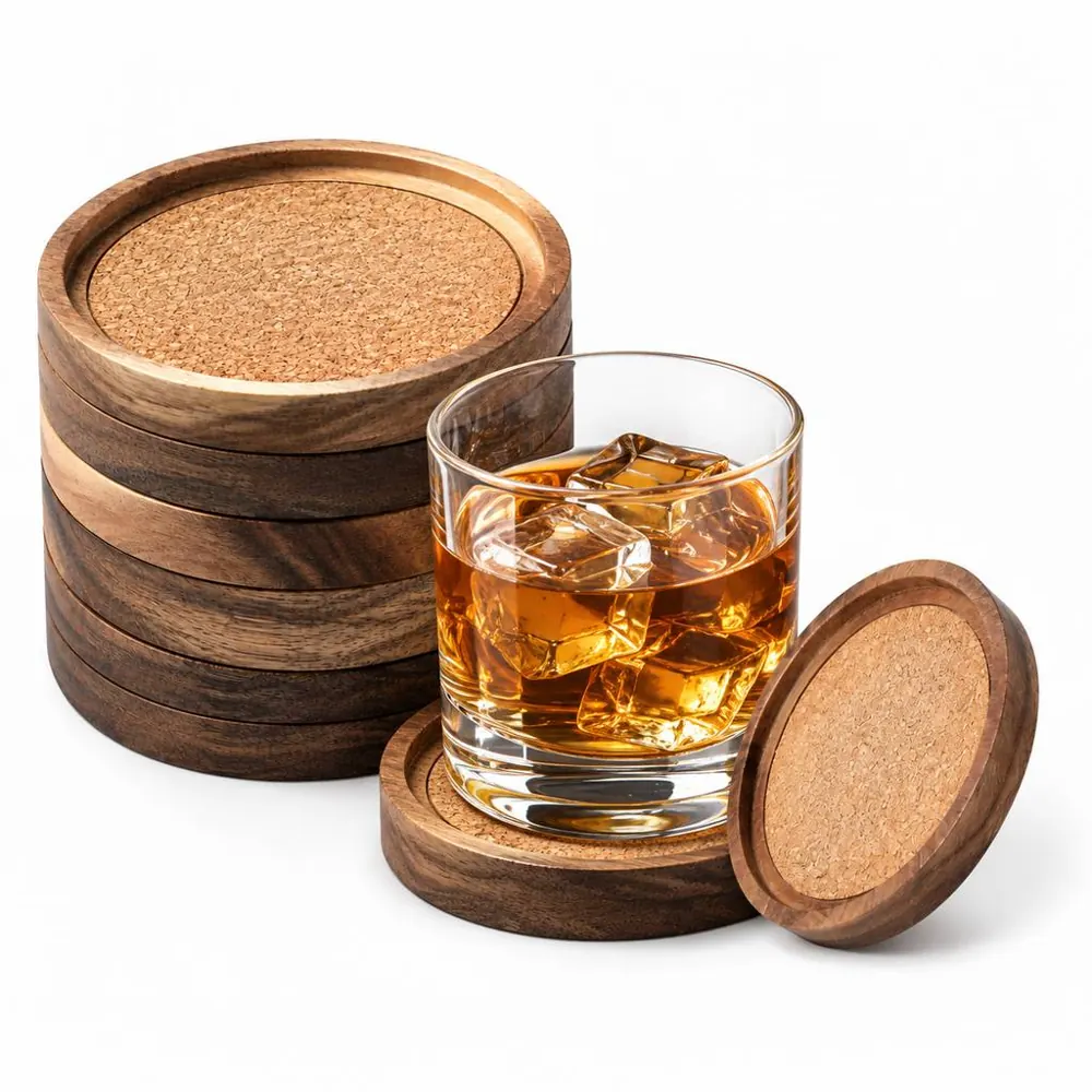 Natural Wood Drink Coasters Set Absorbent Durable 2