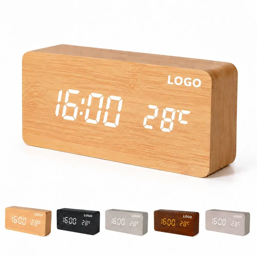 Wooden Digital Clock with LED Display Alarm and Temperature