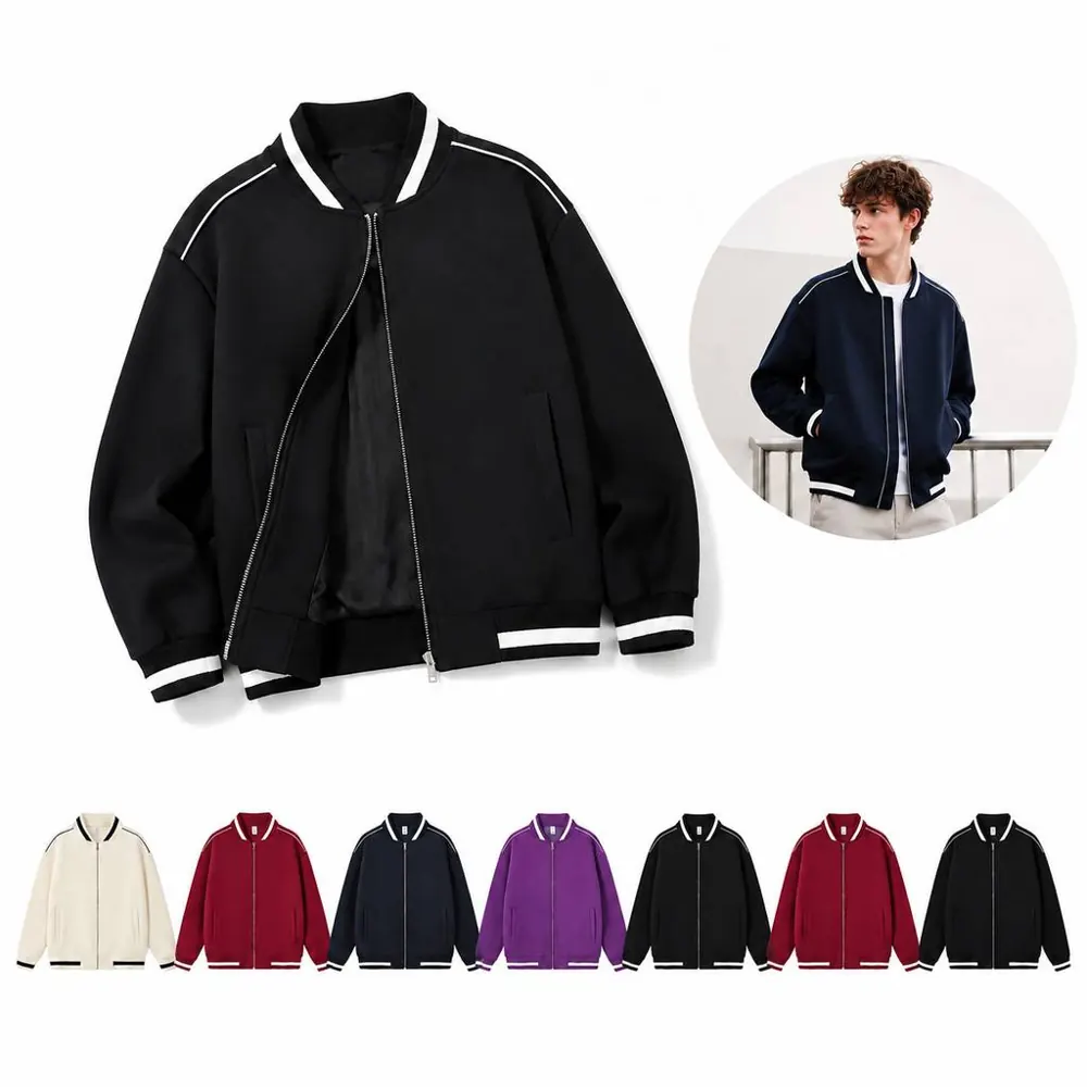 Zip-Up Cotton Baseball Sports Jacket with Ribbed Collar 2