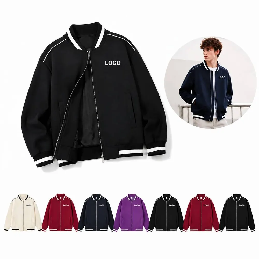 Zip-Up Cotton Baseball Sports Jacket with Ribbed Collar