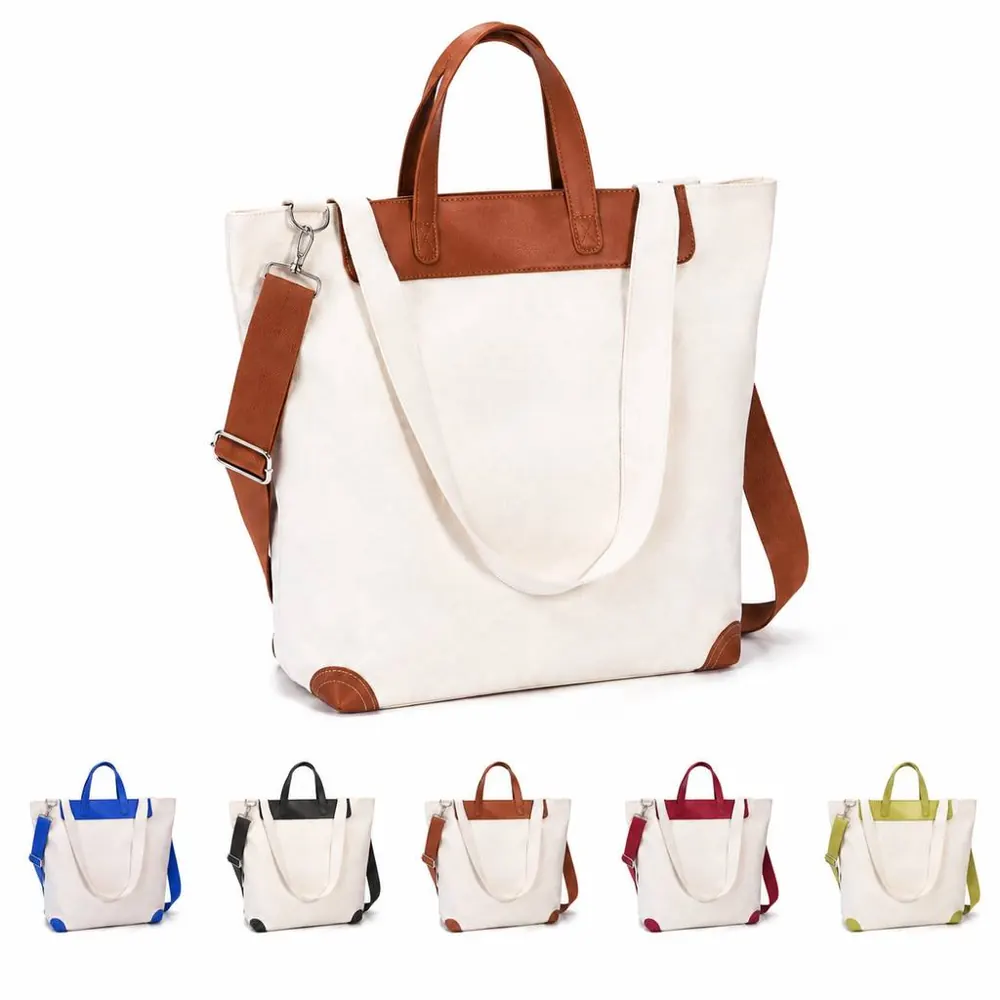 Zip Top Cotton Canvas Tote Bag with Exterior Pocket 2