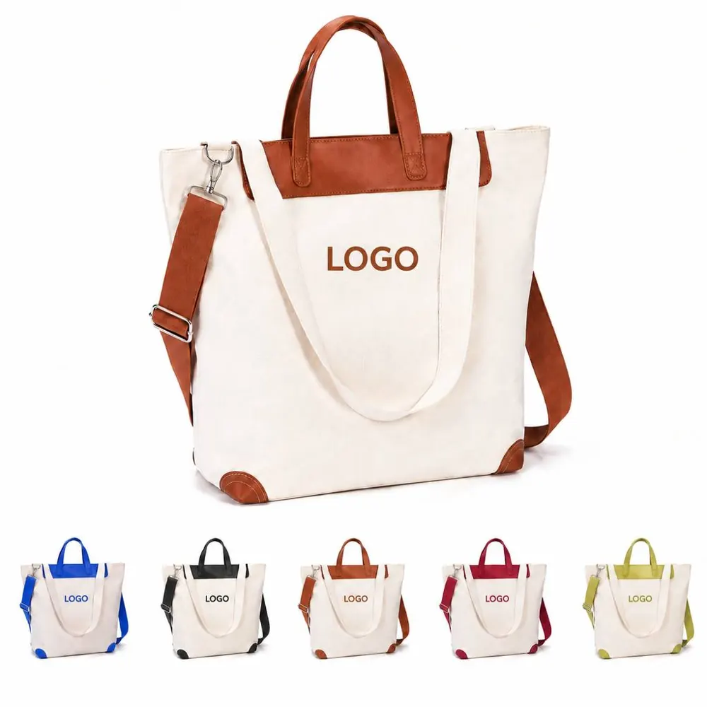 Zip Top Cotton Canvas Tote Bag with Exterior Pocket