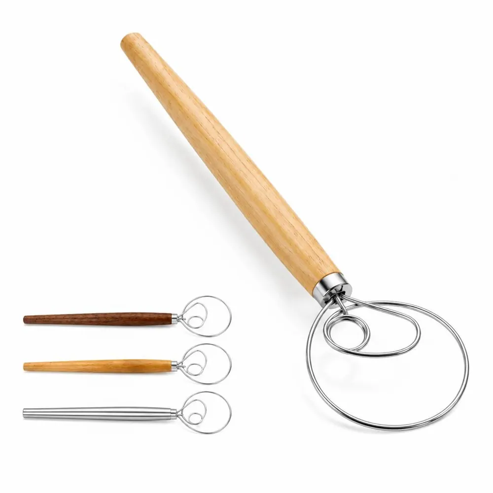 Wooden Dough Whisk with Coiled Wire for Baking 2