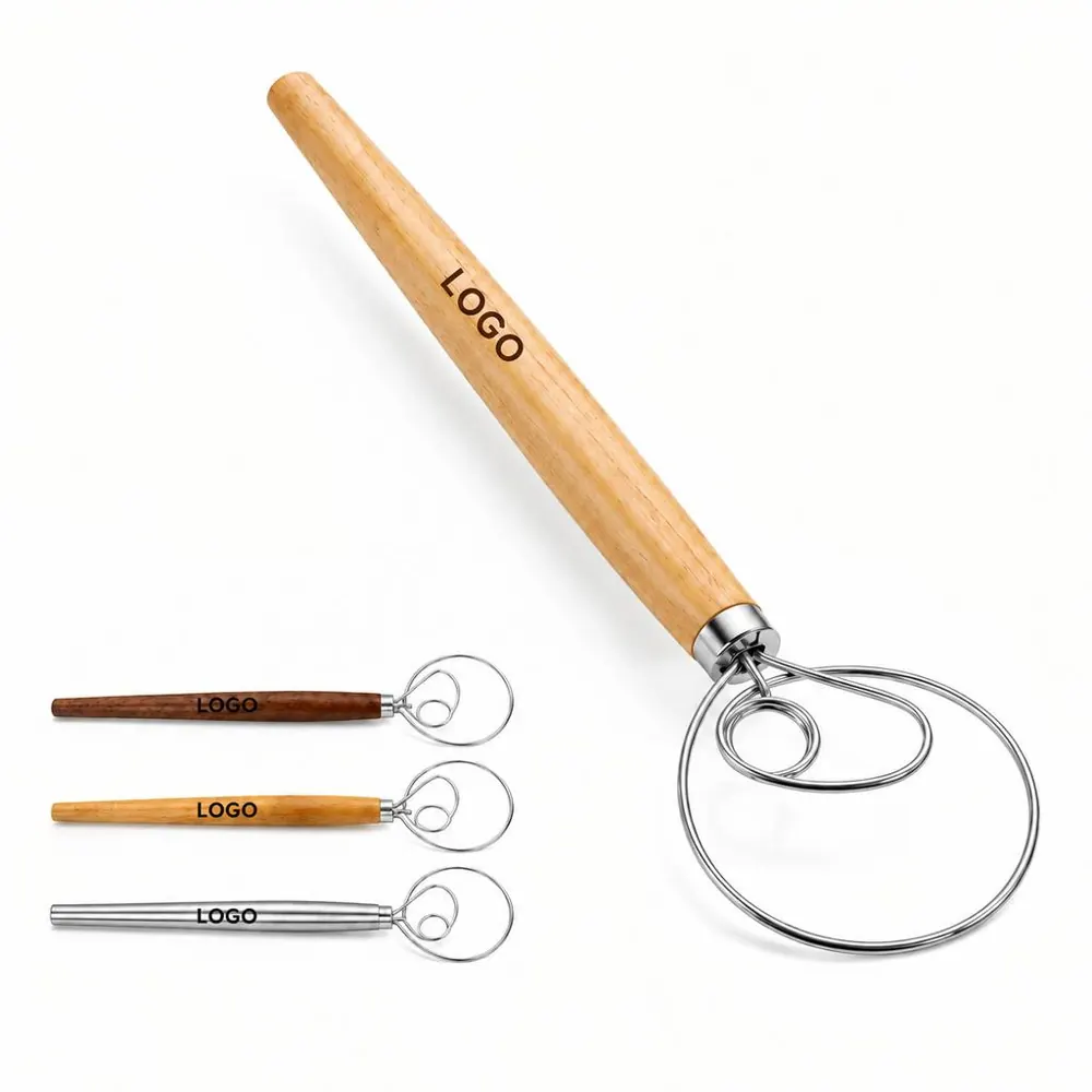 Wooden Dough Whisk with Coiled Wire for Baking